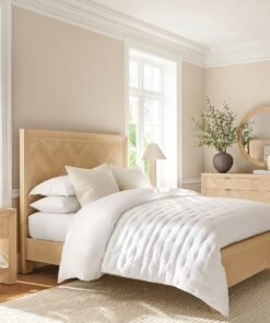 Bed with herringbone panel headboard and slat support system