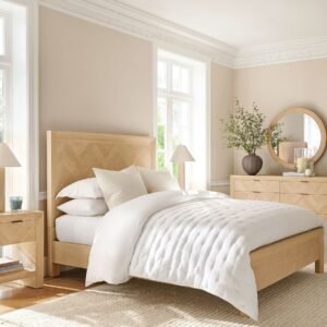 Bed with herringbone panel headboard and slat support system