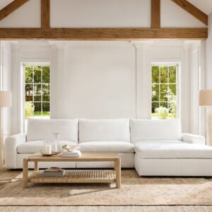 Modular chaise sectional with square arms and loose cushions
