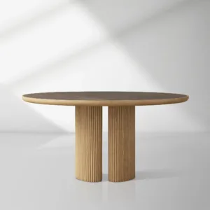 Aster Oak Wood Round Dining Table With Natural Marble Top