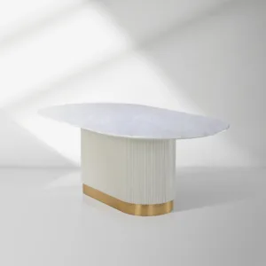 Panoso Carrara Marble Top Dining Table with Wood Reeded Base