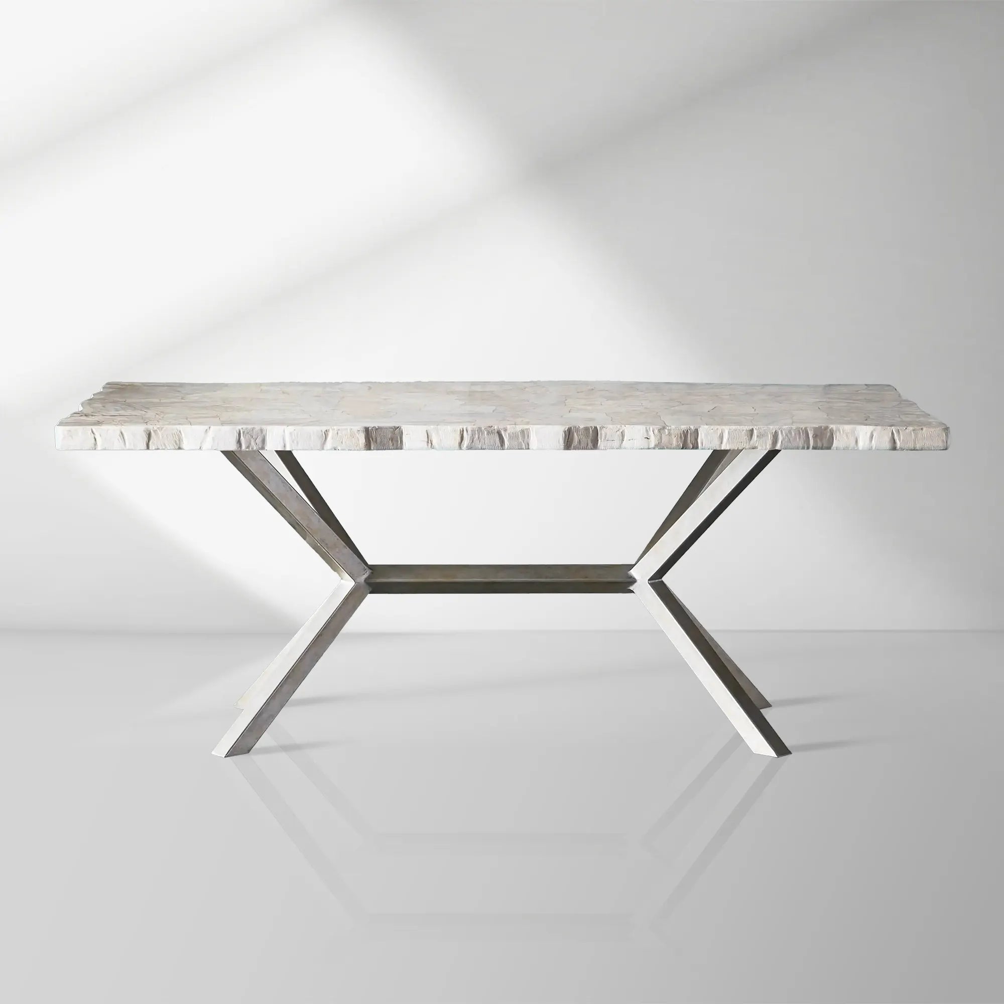 Petra Rectangle Dining Table marble & Petrified Wood Top with Iron Base