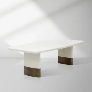 Carolin Pebbled Faux Leather Dining Table with Brushed Gold Stainless Steel Base