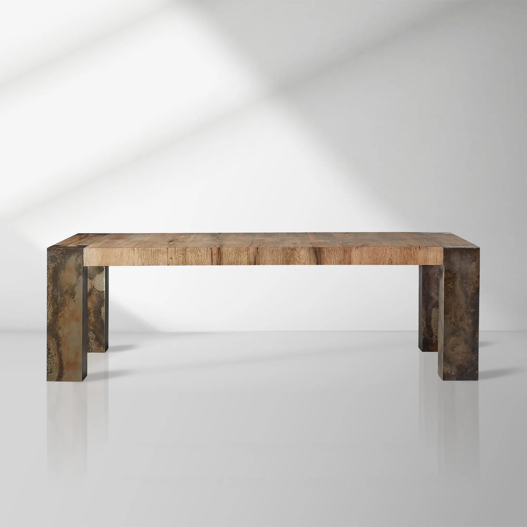 Telluride Mexican Oak Dining Table With Naturally Oxidized Steel Base
