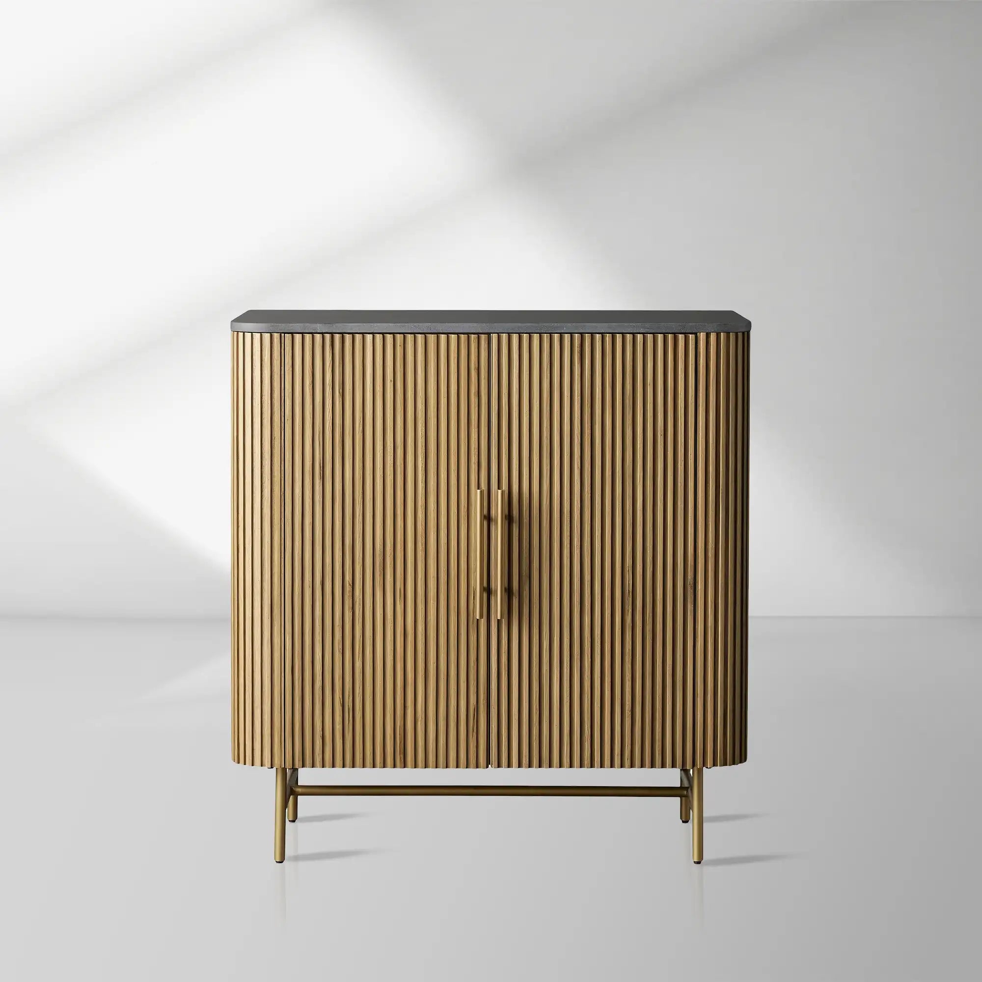 Finnley Small Stone Top Wood Bar Cabinet with Wine Rack