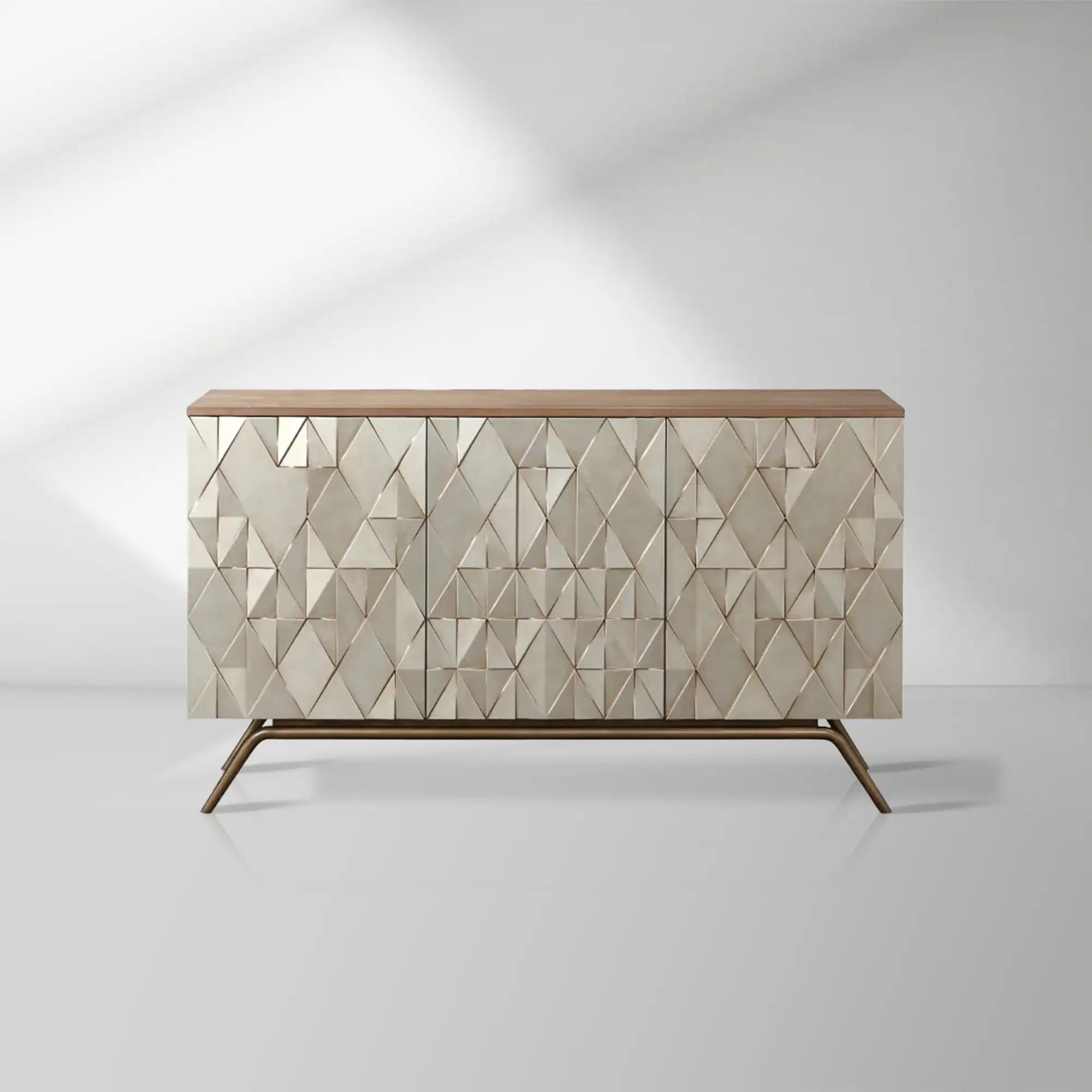 Origami Luxury 3-Door Sideboard Geometric Champagne Finish Buffet Cabinet
