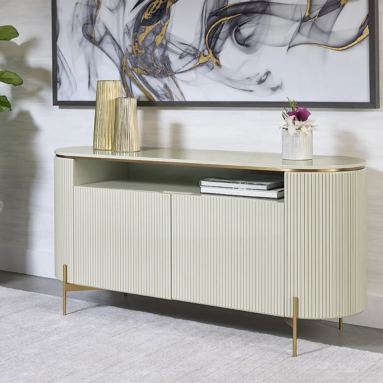 Panoso Curved Sideboard Luxury Buffet Cabinet With Gold stainless steel legs - Image 2