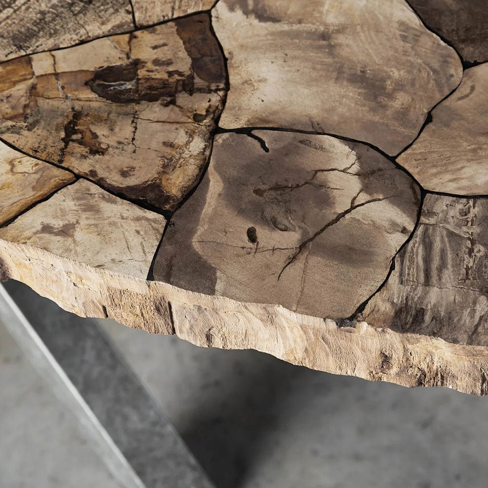 Petra Rectangle Dining Table marble & Petrified Wood Top with Iron Base - Image 7