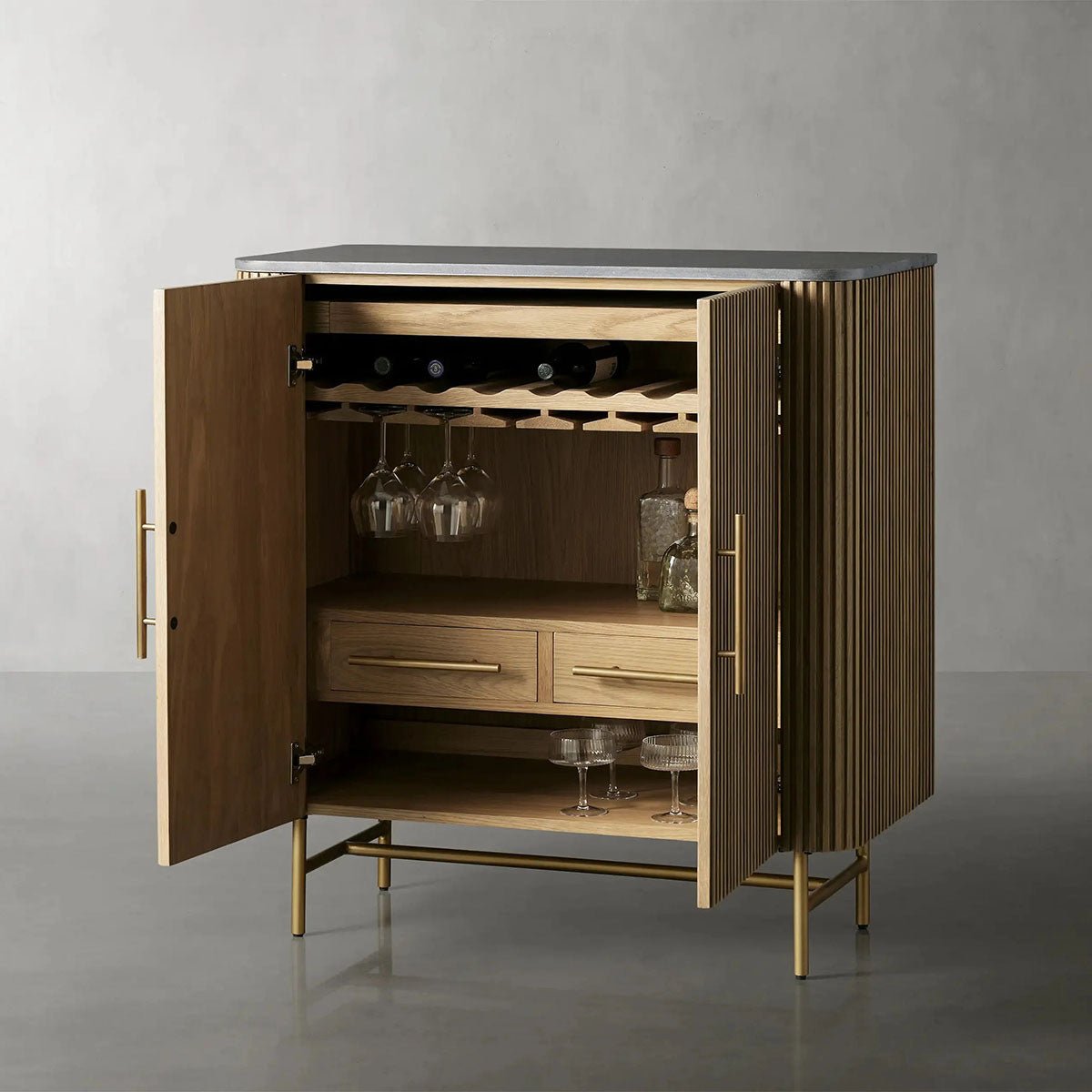 Finnley Small Stone Top Wood Bar Cabinet with Wine Rack - Image 3